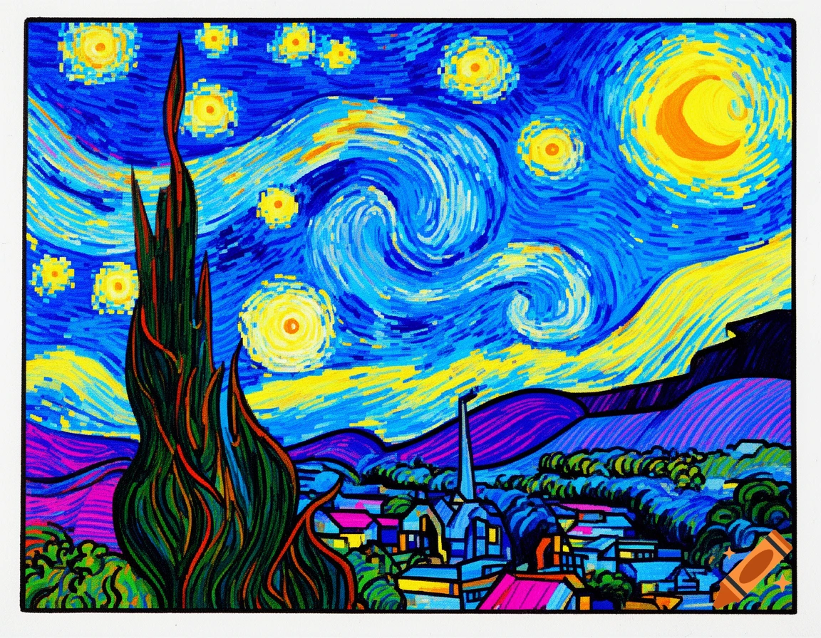 A vibrant pop art interpretation of Van Gogh's Starry Night, featuring a tall cypress tree, a village, and a swirling night sky.