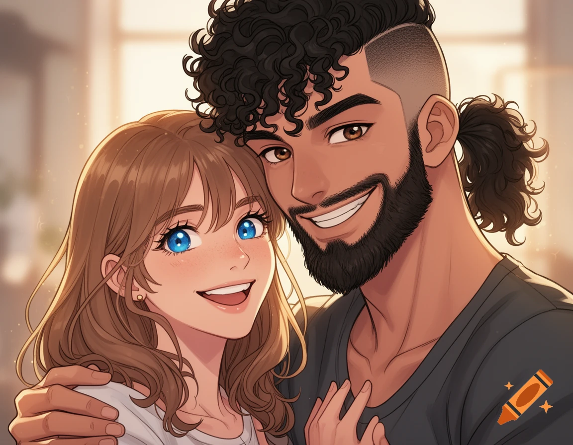 Semi-realistic anime illustration of a smiling young couple. A man with curly hair and beard embraces a woman with light brown hair and blue eyes.