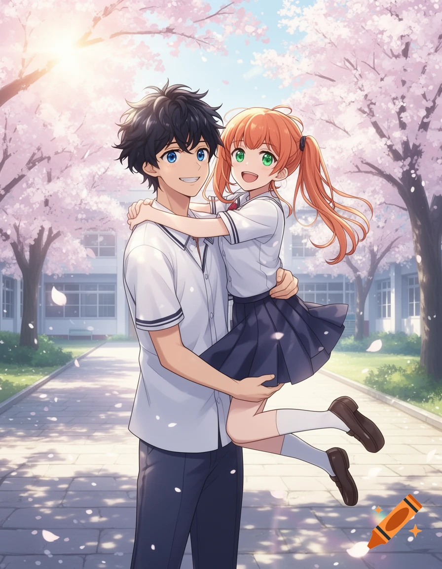 Anime illustration of a tall boy holding a tiny girl, both smiling, under cherry blossom trees at a school.
