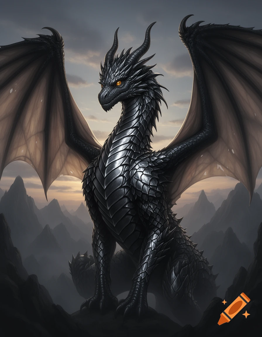 A majestic black and silver dragon with immense wings and glowing gold eyes sits in a mountainous fantasy landscape.