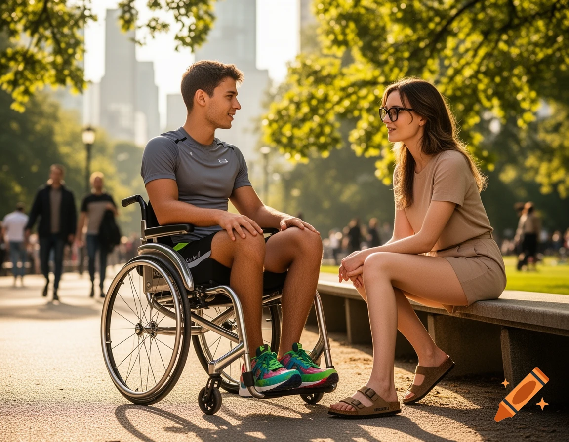 A young man in a wheelchair and a woman sit facing each other on a sunny park path, engaged in conversation.