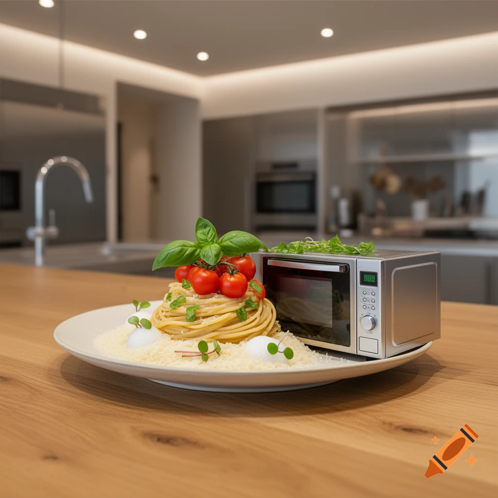 Photorealistic spaghetti with tomatoes, basil, and a miniature microwave on a white plate in a modern kitchen.