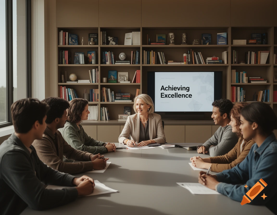 A female academic coach leads a meeting with diverse students around a table in a modern room, with "Achieving Excellence" on a screen.