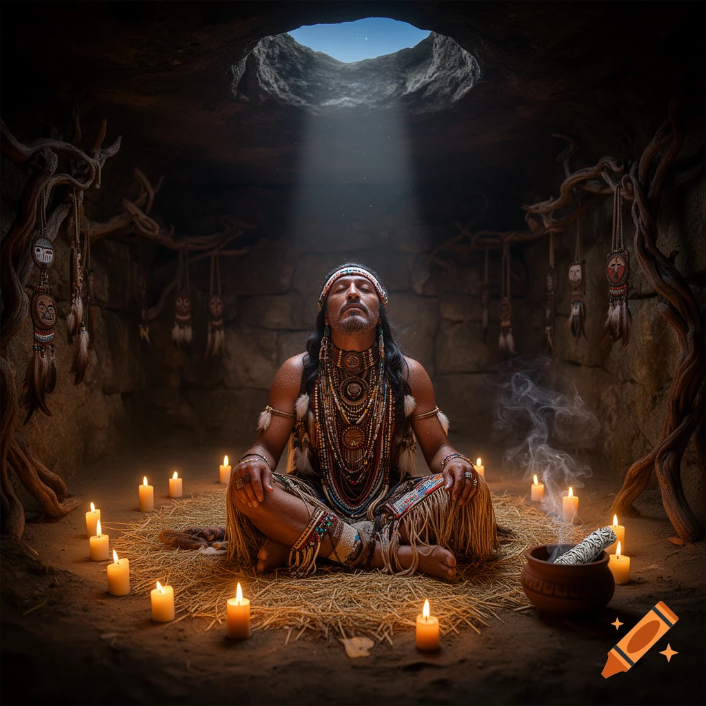 Photorealistic image of a shaman meditating in a dark cave, lit by candles and a beam of light from above.