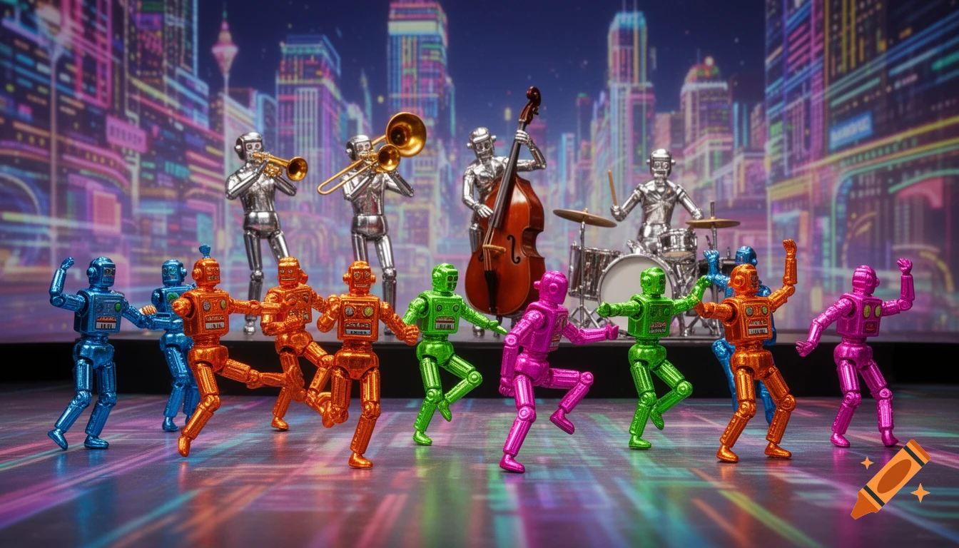 Colorful toy robots dance in a neon-lit city while a silver robot jazz band plays music in the background, in a stylized 50s aesthetic.