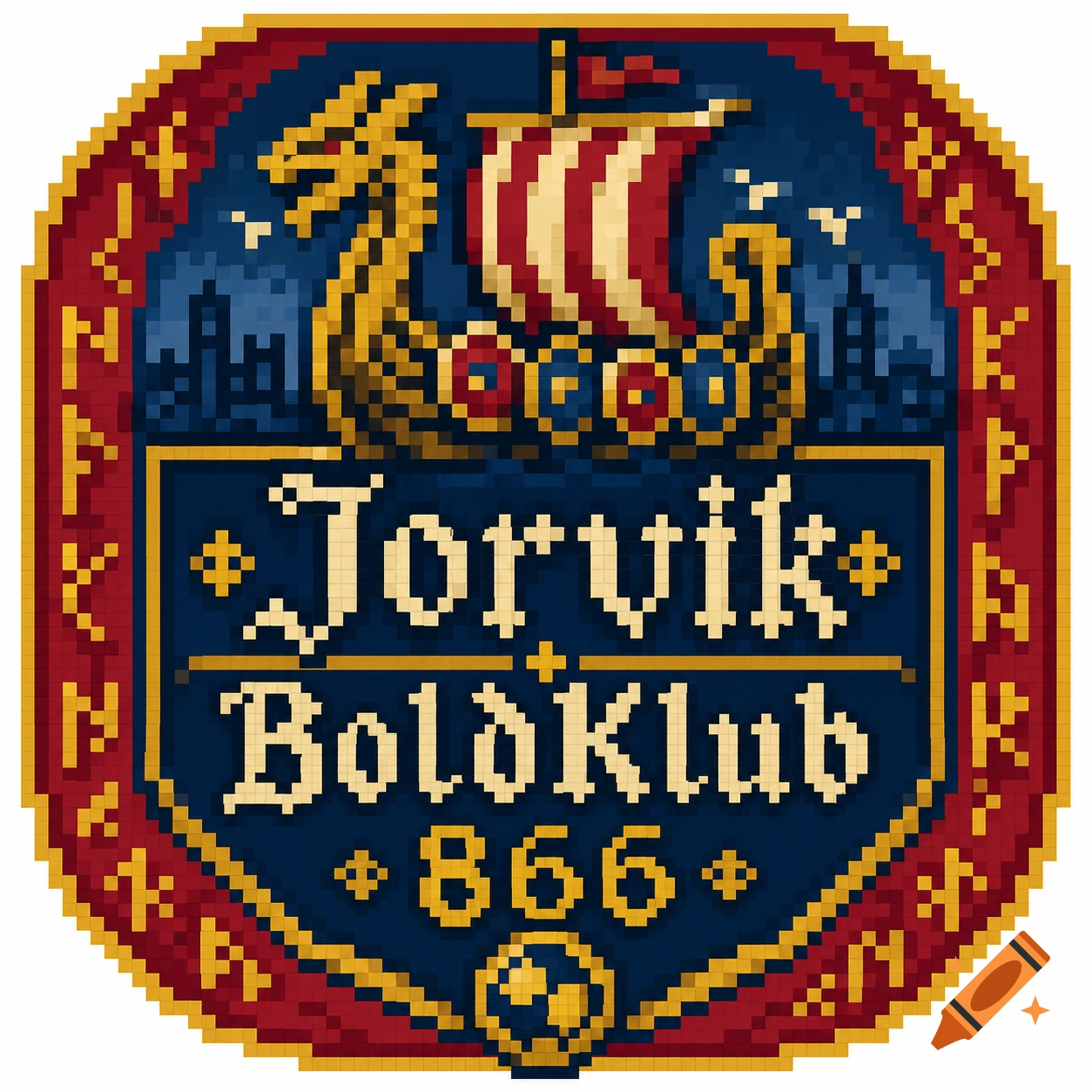 Pixel art football club logo with a Viking longship and dragon head. The crest features the name "Jorvik BoldKlub 866" in yellow on a blue background, with red and gold borders.