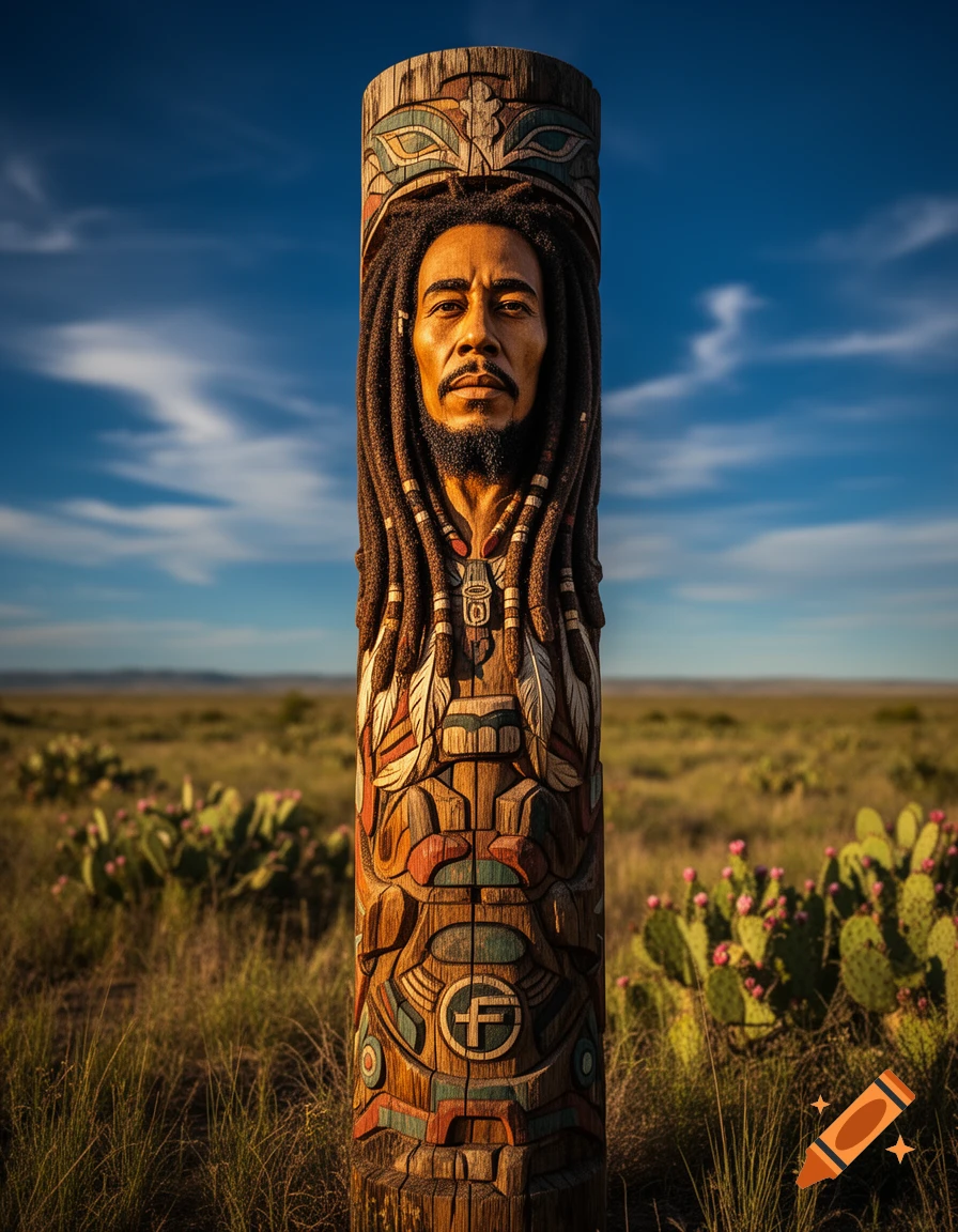 A wooden totem pole featuring a carved portrait of Bob Marley with dreadlocks, standing in a sunny, grassy field with cacti under a blue sky.