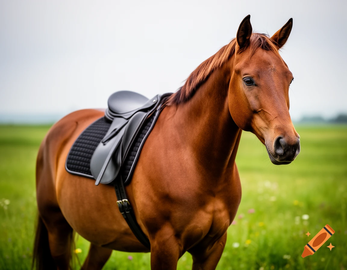 A brown horse with a black saddle stands in a green field, photorealistic.