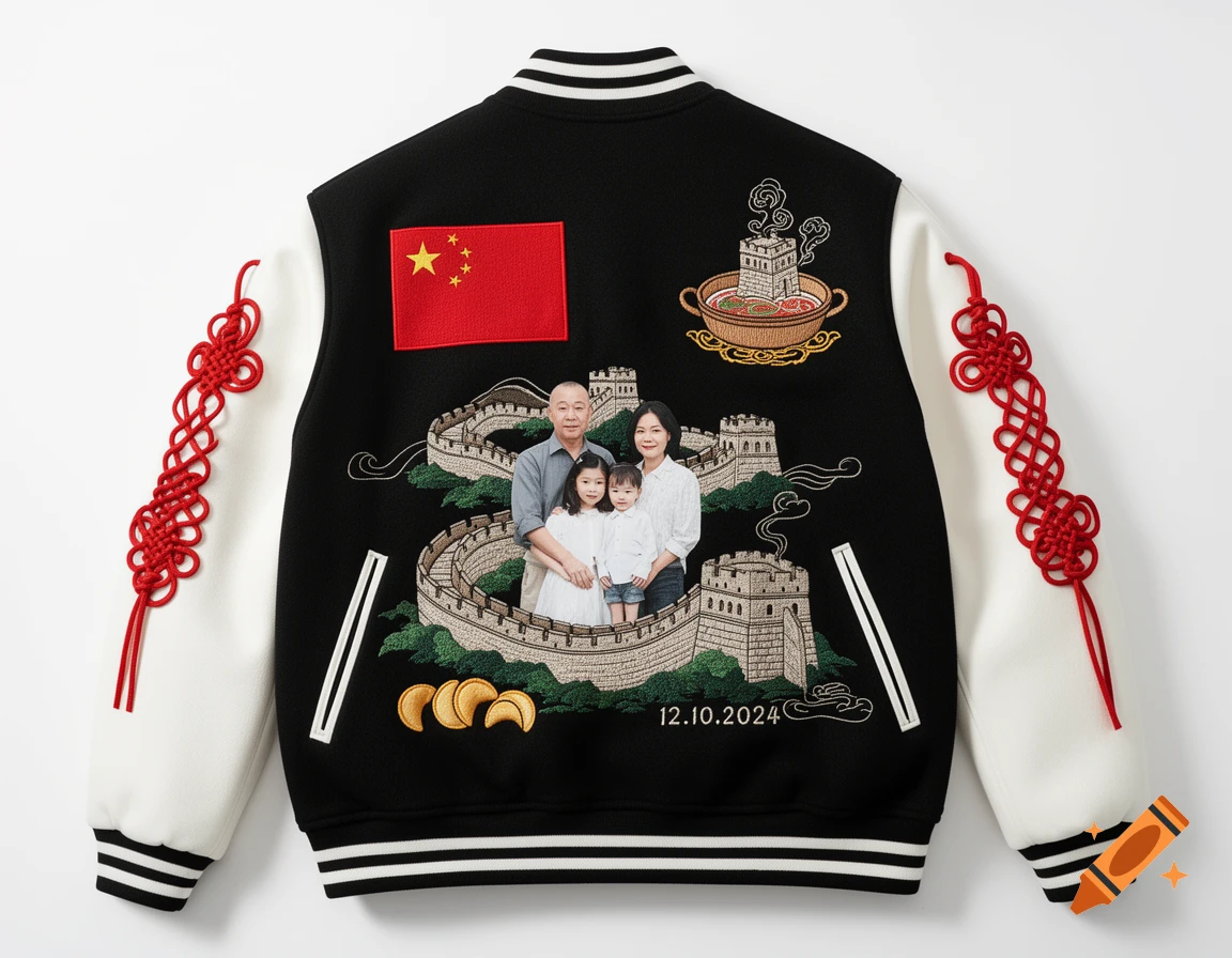 A black college jacket with white sleeves, featuring an embroidered Great Wall, a family photo, Chinese flag, hot pot, lucky knots, and the date 12.10.2024.