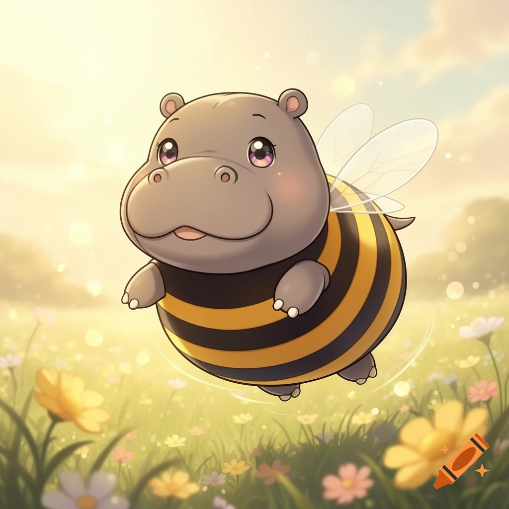 A cute, kawaii-style cartoon hippo-bee hybrid with a black and yellow striped body floats above a vibrant field of flowers under a sunny sky.