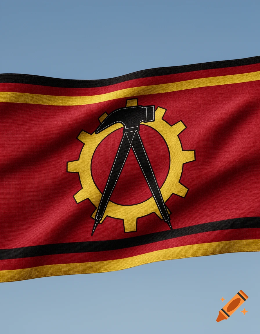 A waving flag with a red field, black and gold stripes, featuring a central black hammer and compass within a gold gear.