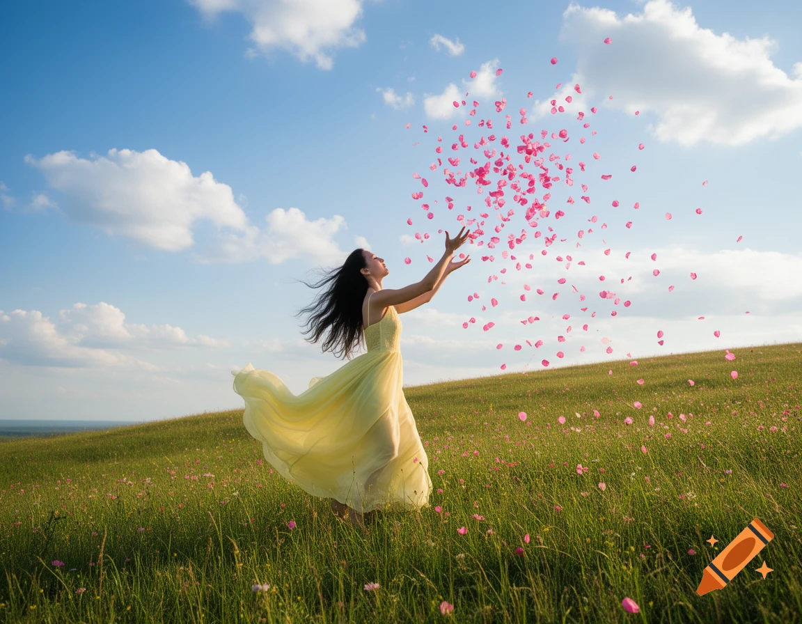 A woman in a yellow sundress stands on a green hill, releasing a cloud of pink petals into a bright blue sky.