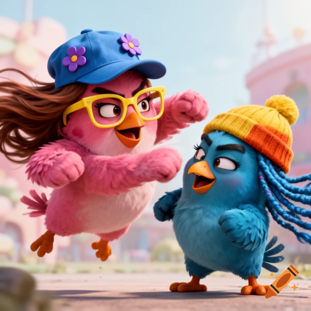 A pink Angry Bird with glasses and a cap punches a blue Angry Bird with dreadlocks and a beanie in a 3D animated style.