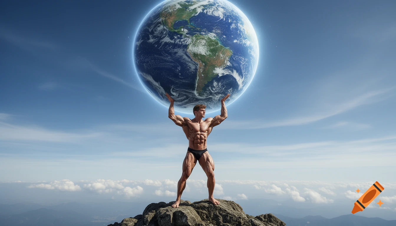 A muscular man stands on a rocky mountain peak, holding a glowing Earth over his head against a blue sky.