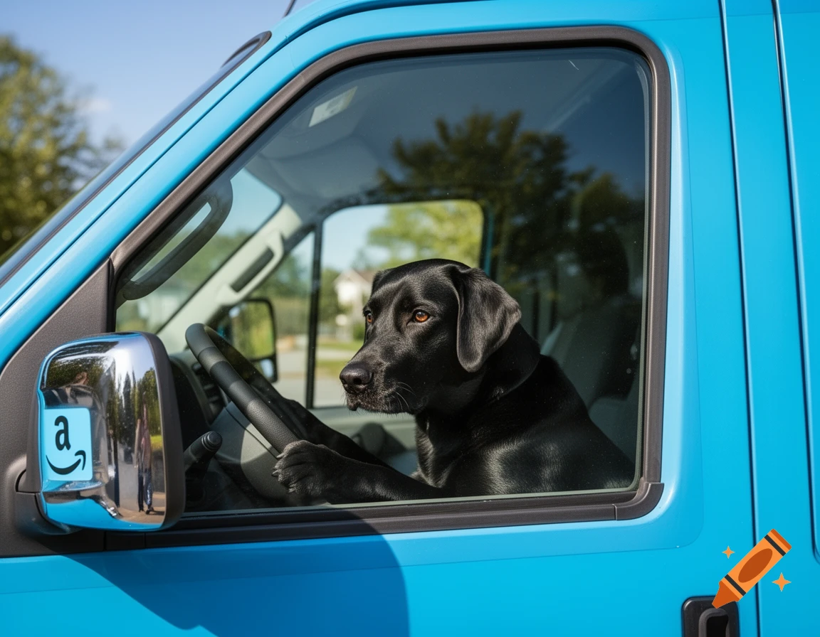 A black Labrador dog sits in the driver's seat of a blue Amazon delivery van, its paws on the steering wheel.