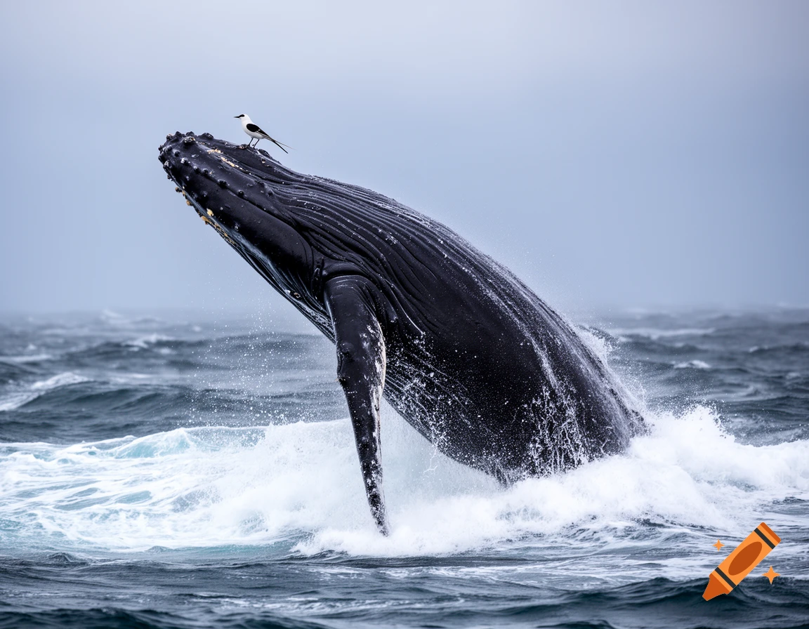 Photorealistic black humpback whale breaches from choppy ocean waves, a small bird perched on its head.