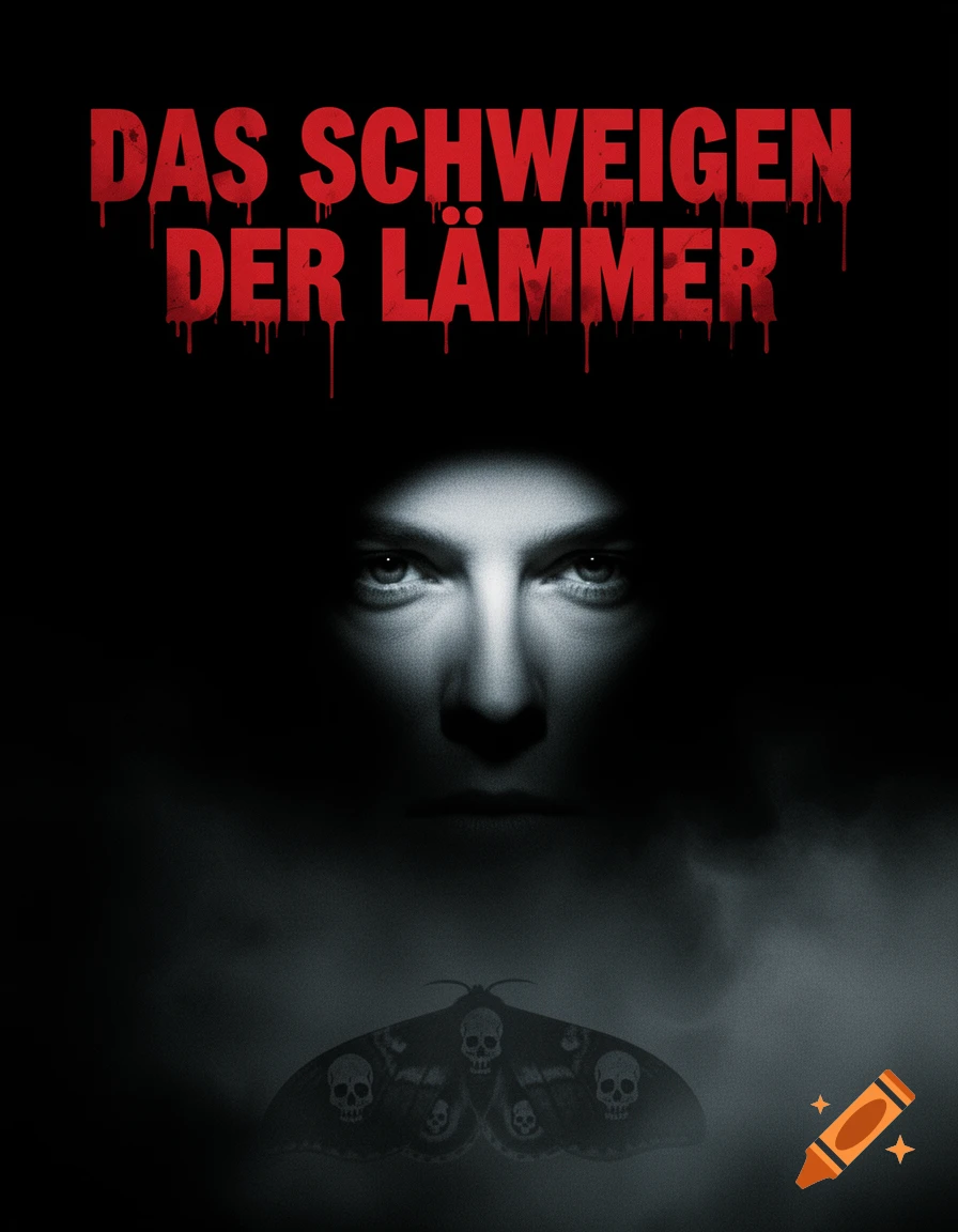 Dark movie poster for 'Das Schweigen der Lämmer' featuring a mysterious face emerging from shadows and a moth with skull patterns on its wings.