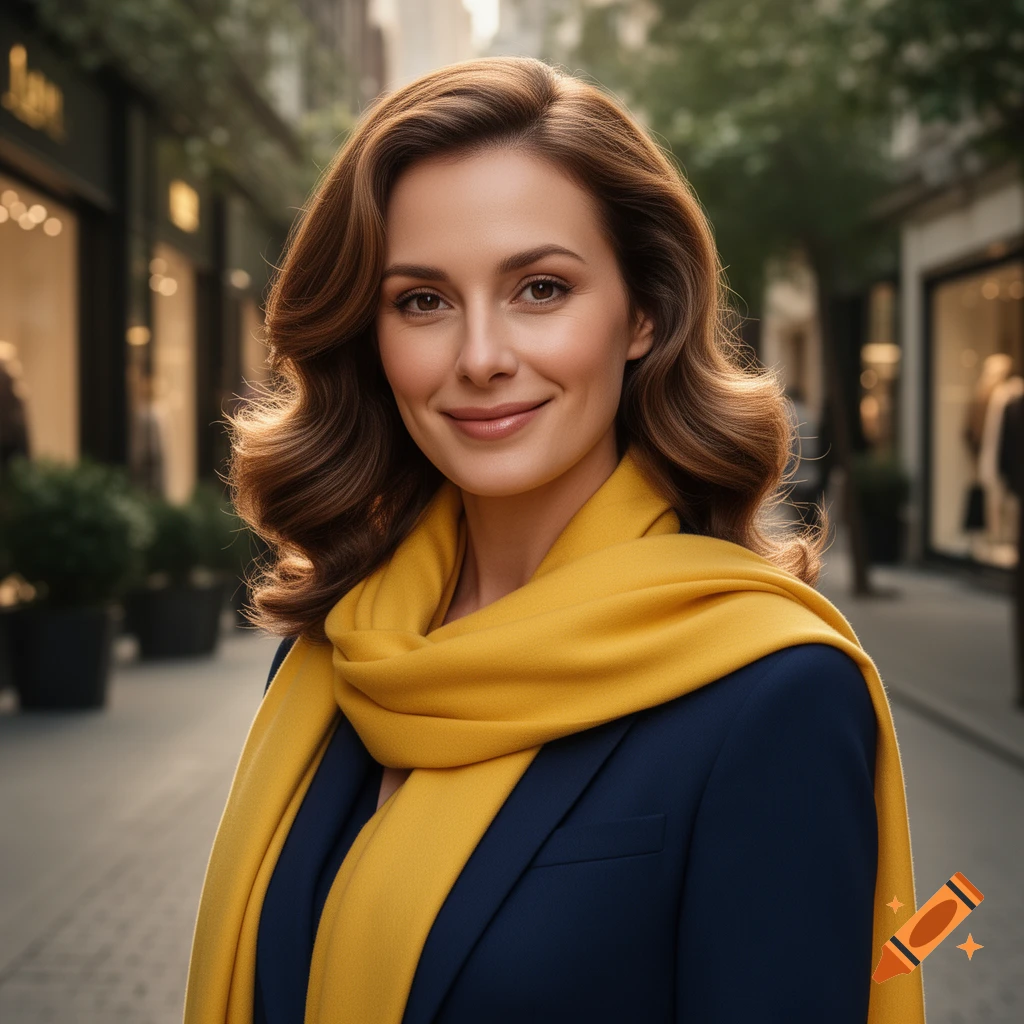 A woman with wavy brown hair smiles at the camera, wearing a yellow scarf and a navy blazer, on a city street.