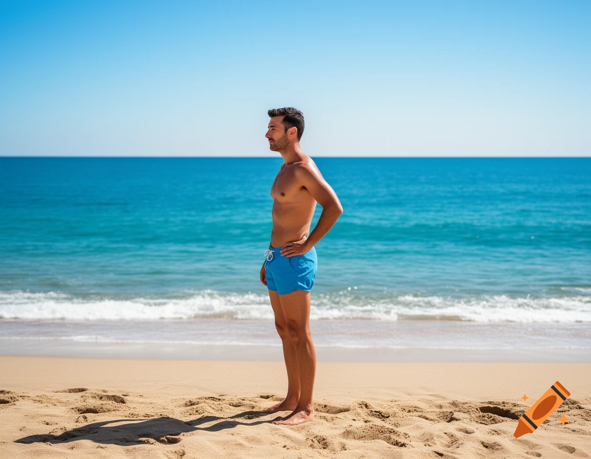 A photorealistic image of a man in blue swim trunks standing on a sandy beach, looking out at the blue ocean under a clear sky.