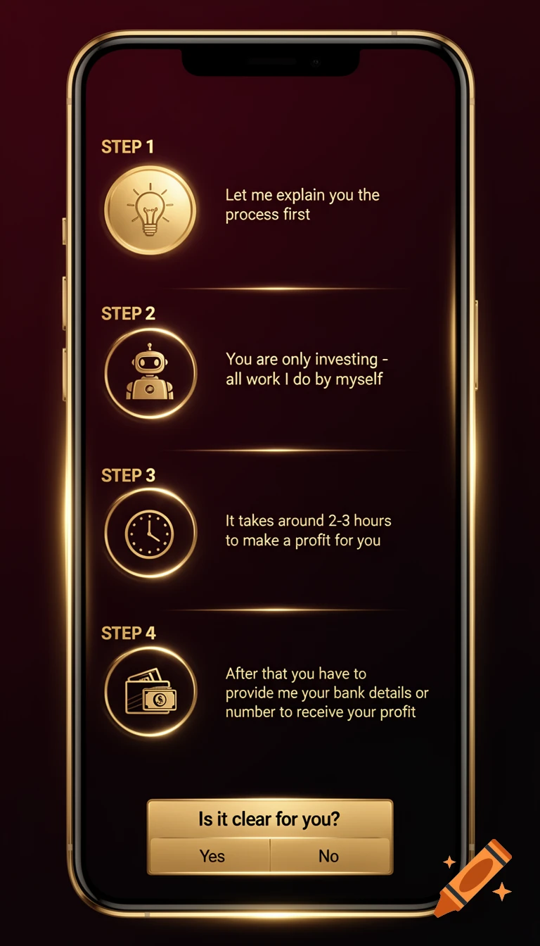 A premium mobile app infographic on a dark red and gold phone screen, outlining a four-step financial profit process.