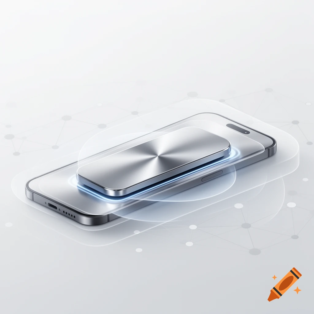 A sleek smartphone with a metallic, circular-brushed attachment on its back, surrounded by glowing blue rings on a white background with a faint network pattern.