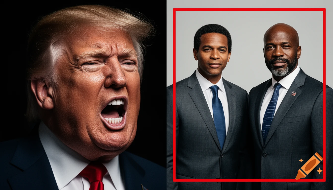 Split-screen with yelling Donald Trump on left; Jon Ossoff and Raphael Warnock in suits on right, framed by red border.