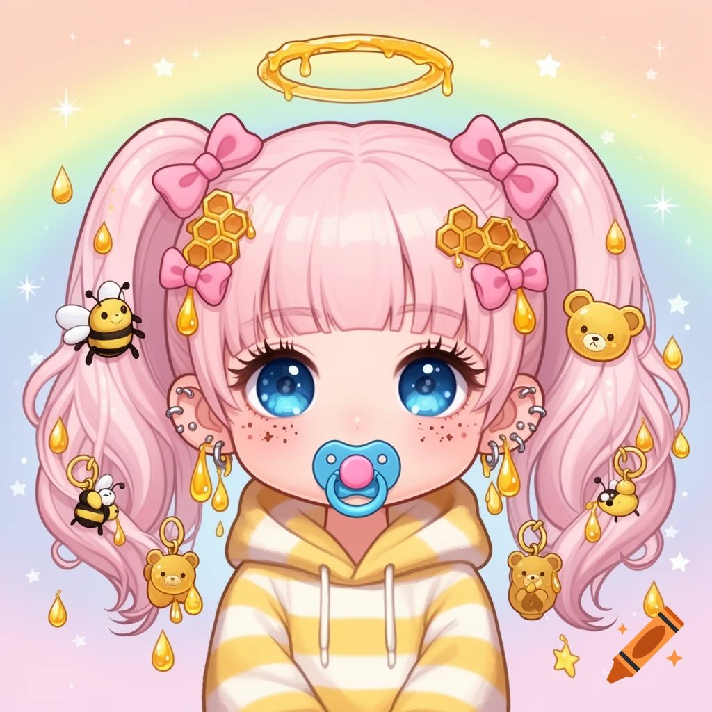 A cute chibi character with pink pigtails, big blue eyes, and a blue pacifier, wearing a yellow and white striped hoodie, adorned with honeycombs, honey drips, bees, and bear charms, against a pastel rainbow background with sparkles.