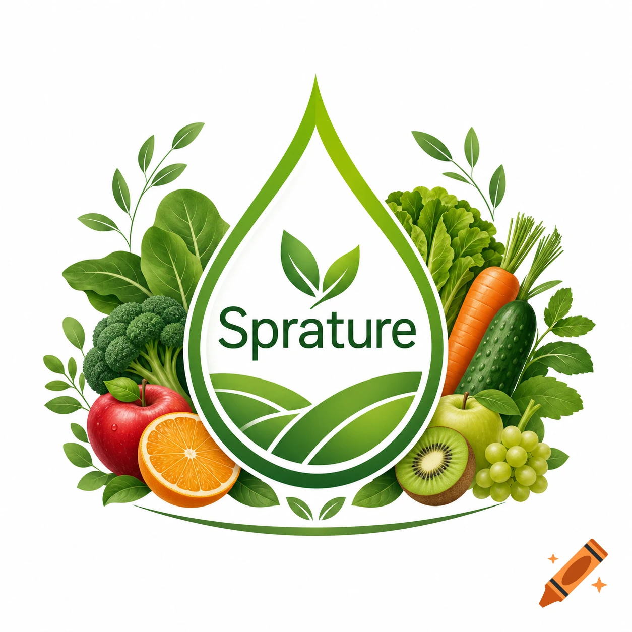 A clean logo with the word 'Sprature' in a green droplet, surrounded by fresh fruits and vegetables like apples, oranges, broccoli, carrots, and grapes.