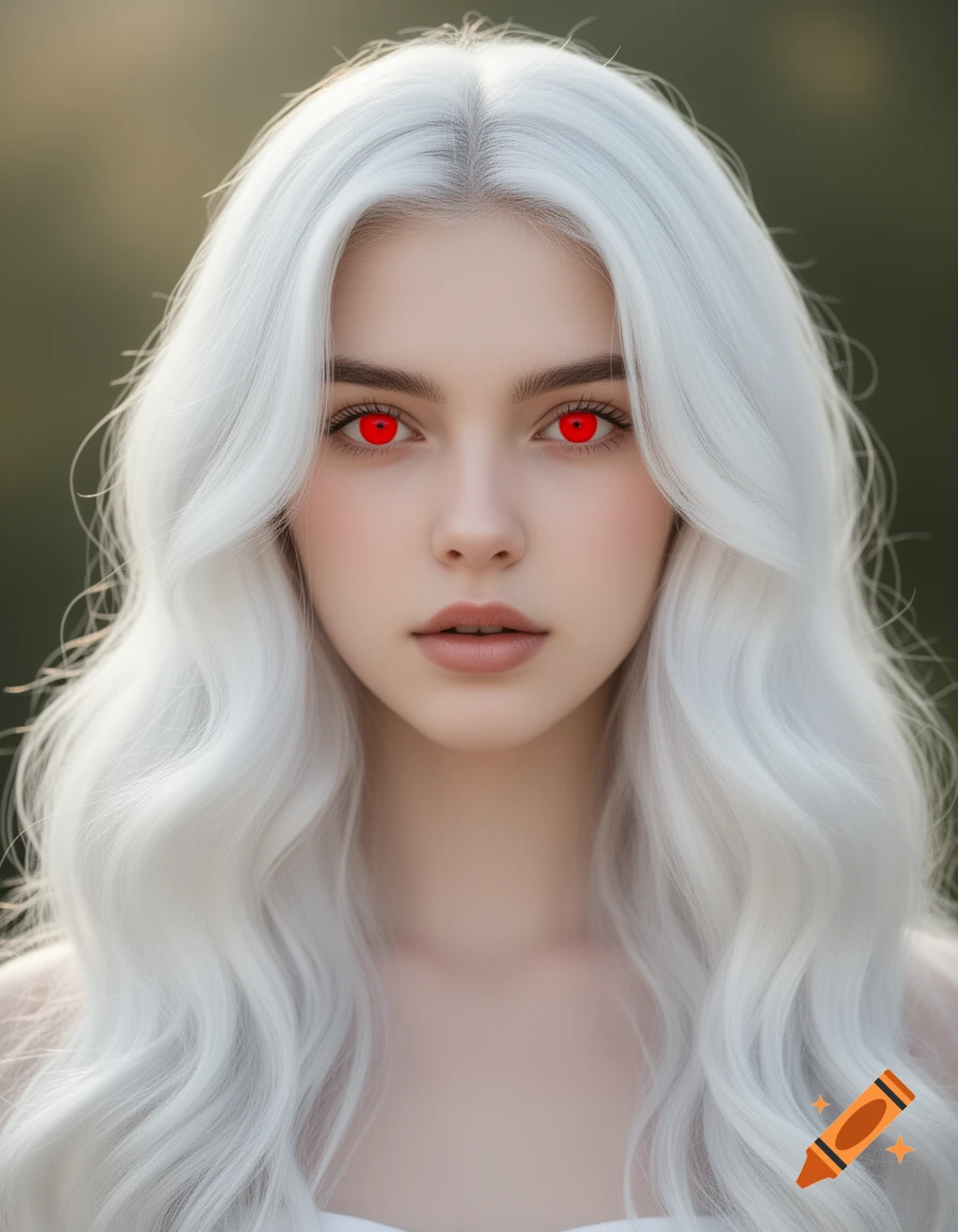 A photorealistic portrait of a woman with long, flowing white hair and striking red eyes, against a soft green background.
