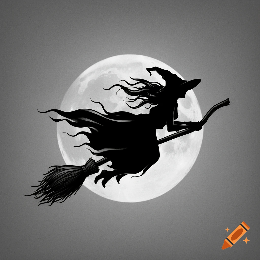 Grayscale silhouette of a witch with flowing hair and cape, flying on a broomstick past a full moon.