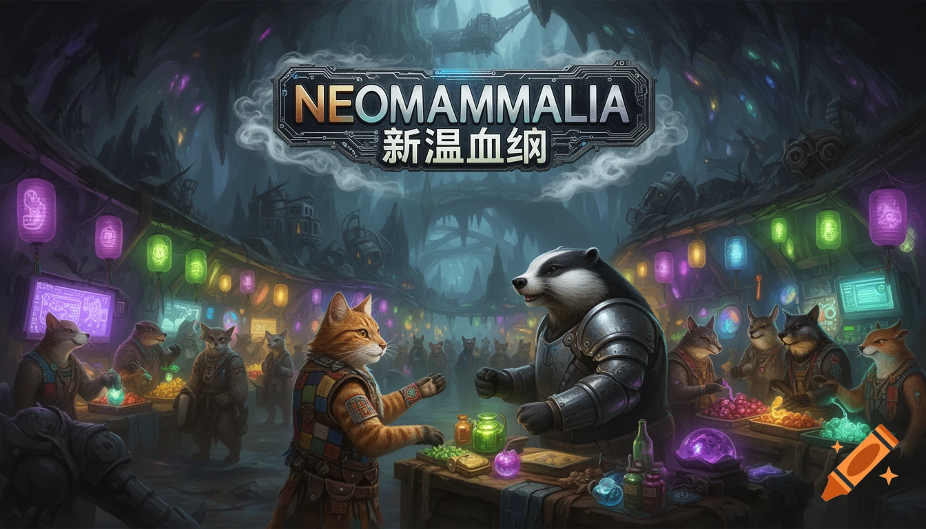 A detailed video game title screen for 'NEOMAMMALIA' showing anthropomorphic cat and badger trading glowing goods in an underground market.