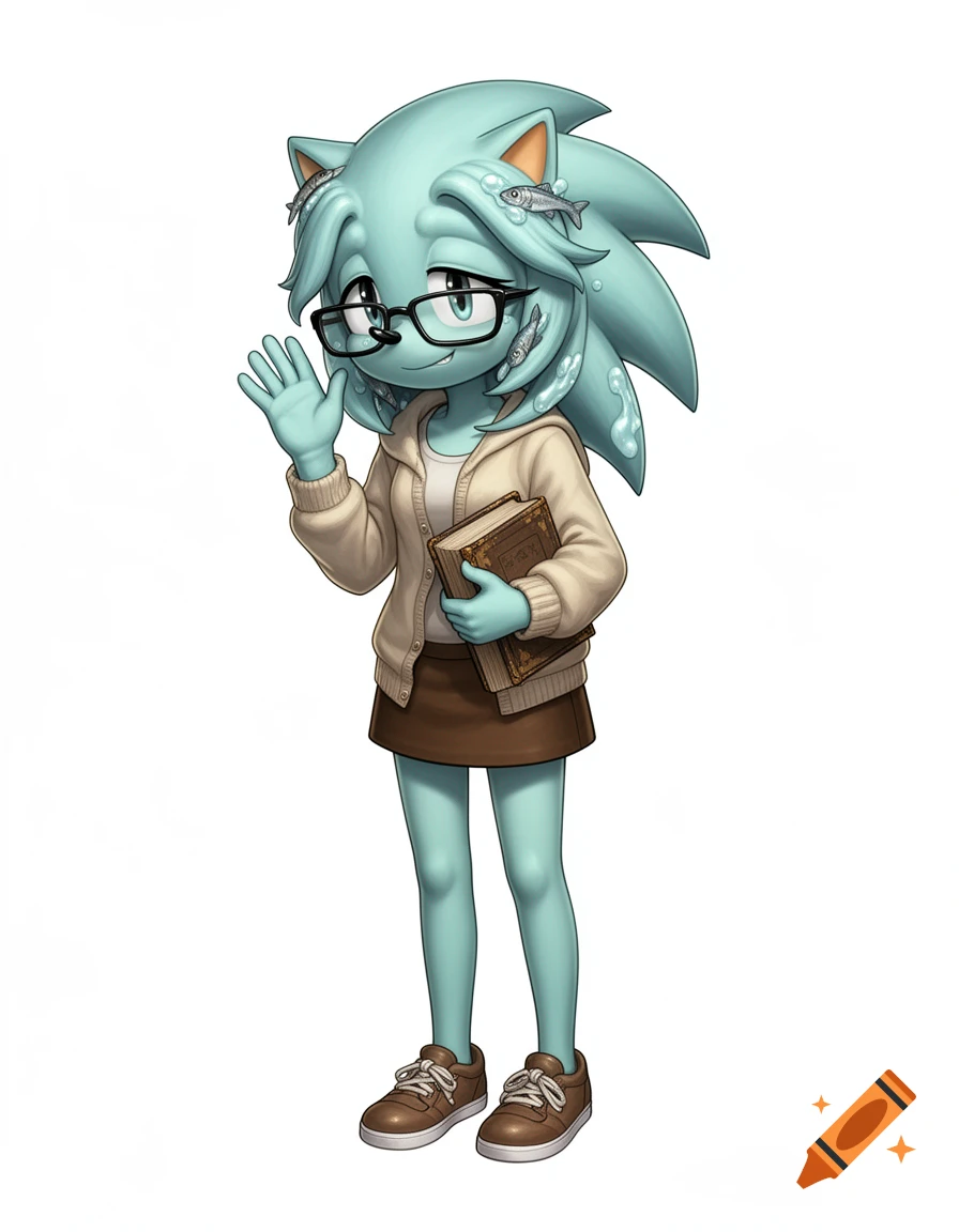 A seafoam blue Sonic-like female character with small fish in her hair, wearing glasses, a beige cardigan, and a brown skirt, holding a book and waving sheepishly.