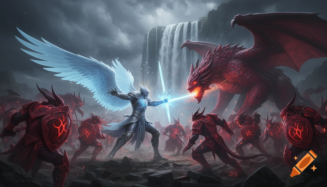 An angel with blue wings and a glowing sword battles a red dragon and an army of demons in front of a waterfall.