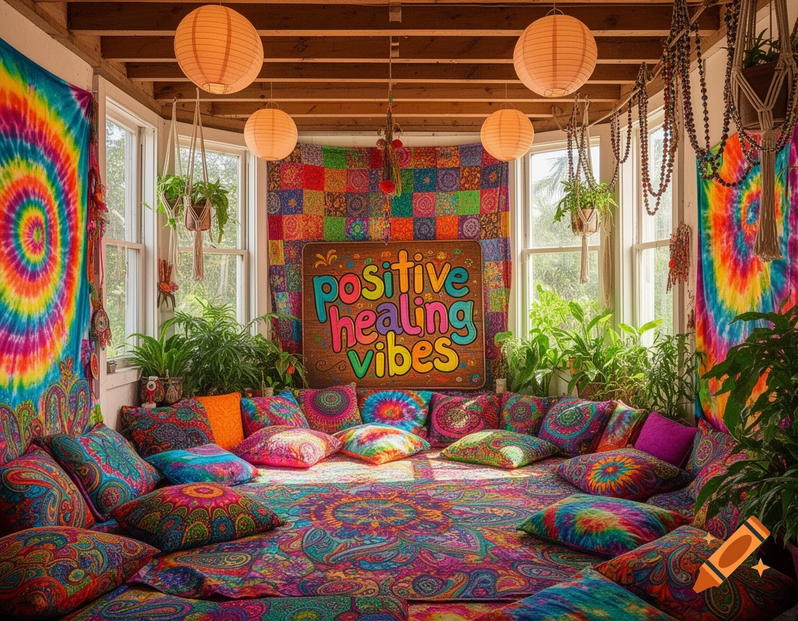 A vibrant bohemian room with colorful patterned pillows and tapestries, green plants, paper lanterns, and a sign saying 'positive healing vibes'.