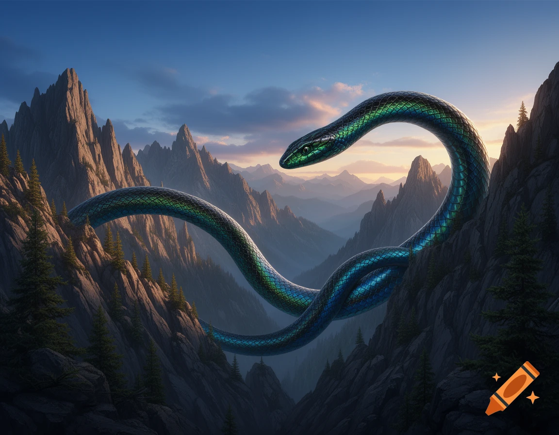 A giant, shimmering green and blue serpent coils through a rugged mountain valley under a dramatic sky in a photorealistic style.