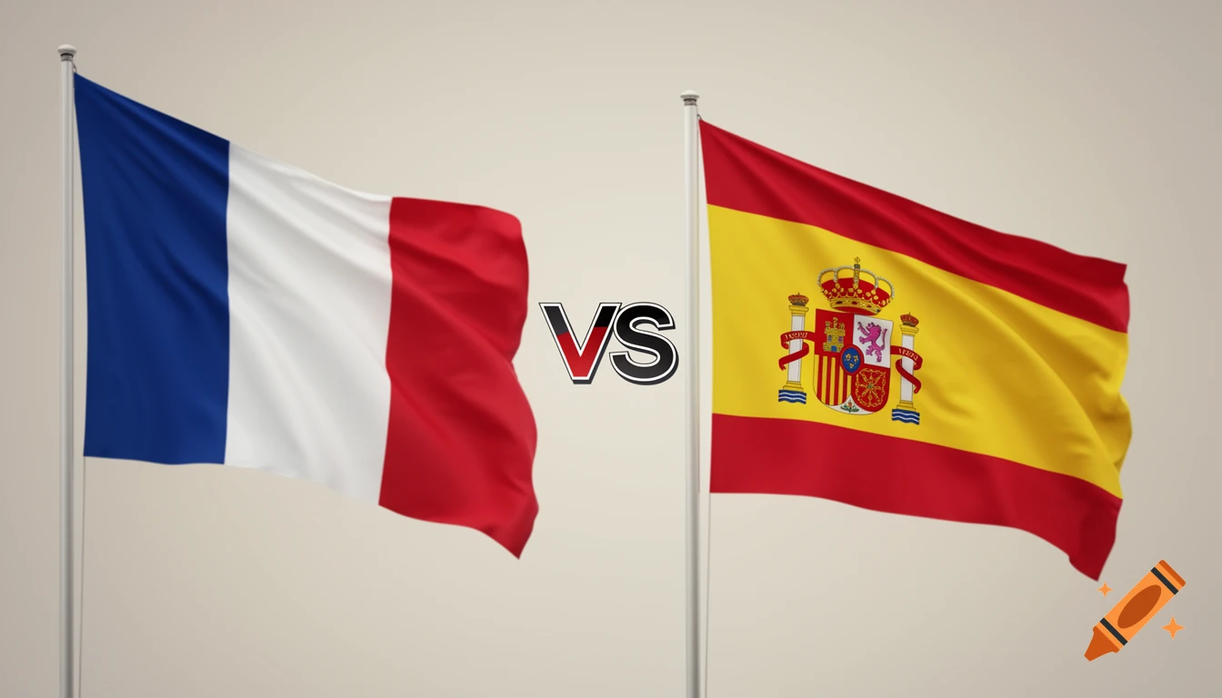 A photorealistic image of the French flag on the left and the Spanish flag on the right, with a bold 'VS' text in the center.