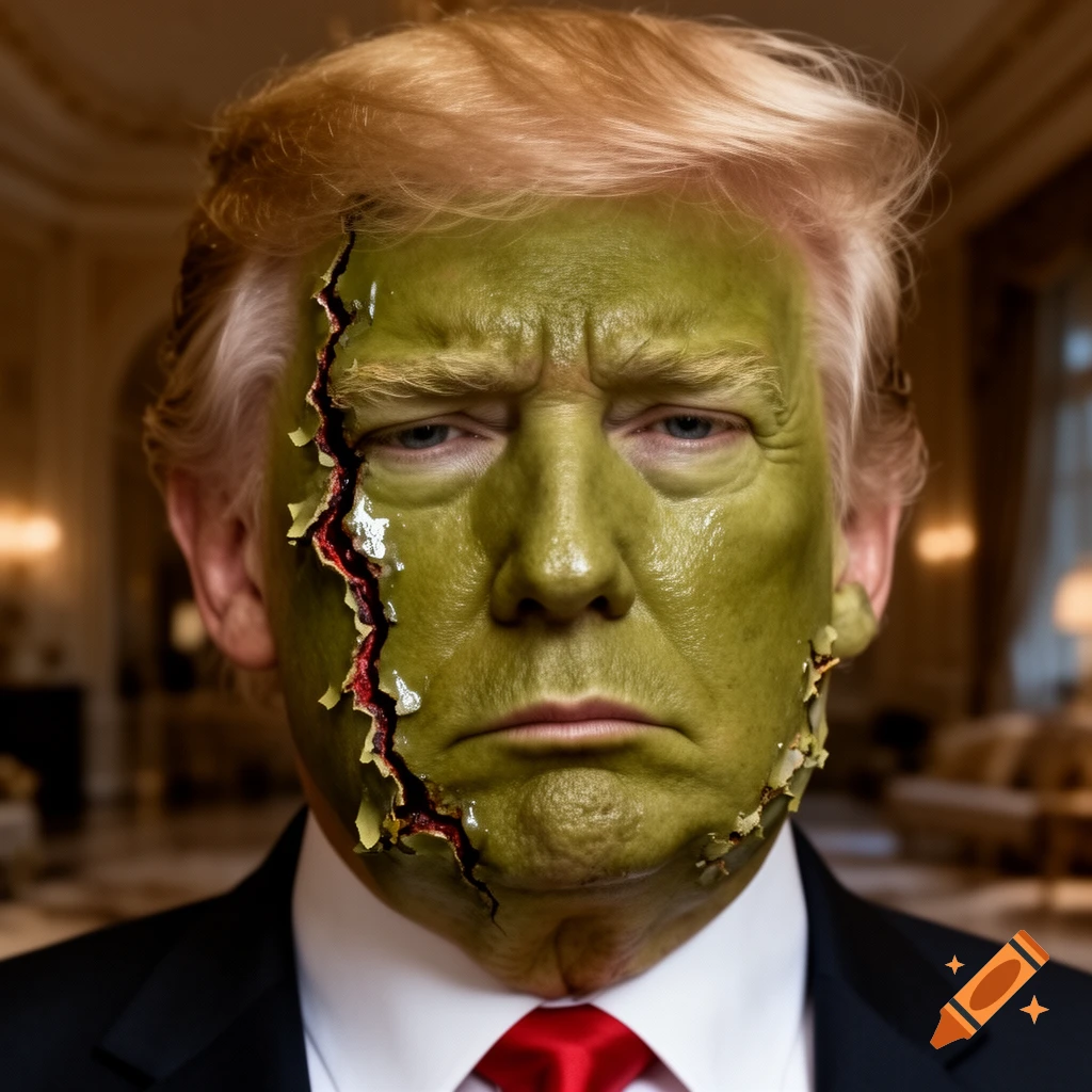 A close-up photorealistic portrait of Donald Trump with a green face, featuring a large gash with peeling skin on his left cheek.