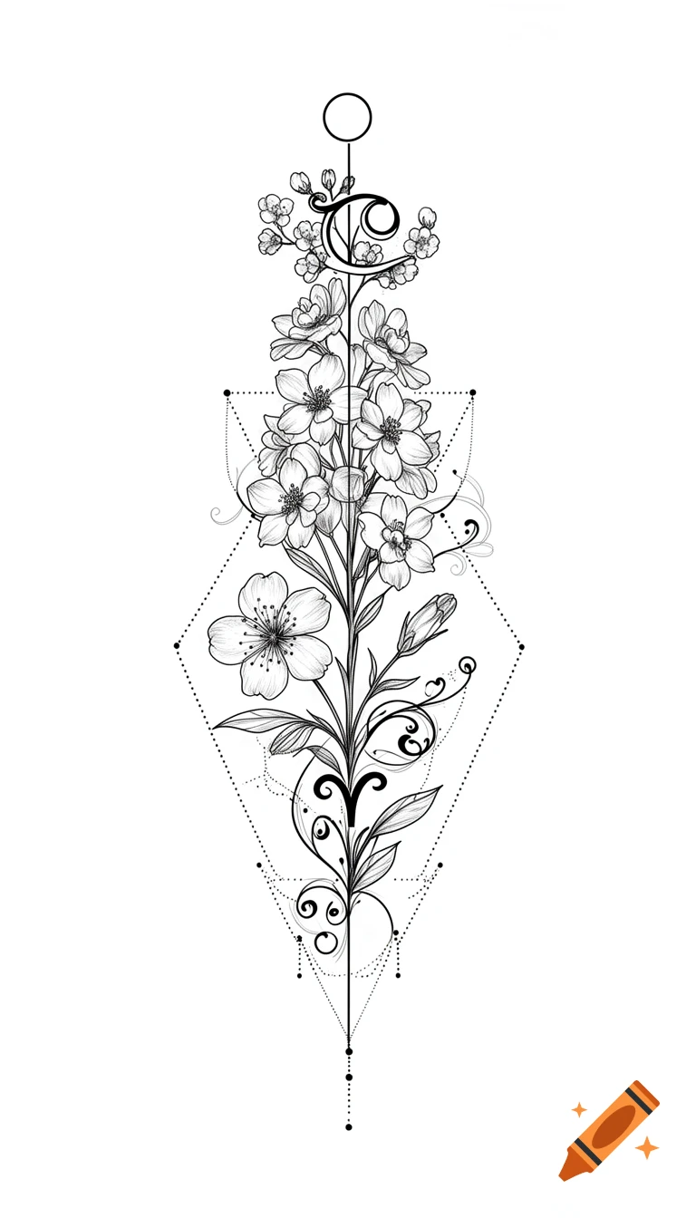 Black and white fine-line tattoo design featuring delicate cherry blossoms and delphinium flowers, geometric lines, dotwork, and zodiac symbols.