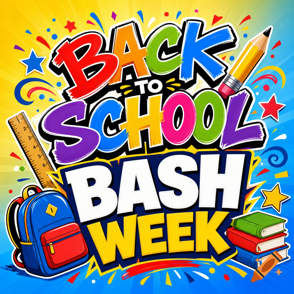 Colorful 'Back to School Bash Week' logo featuring school supplies on a vibrant yellow and blue background.