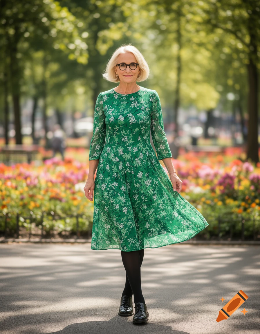 A smiling blonde woman in a green floral dress and glasses walks through a sunny park with flowers.