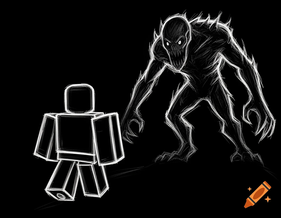 A white outlined, rough sketch of a Roblox block-figure character facing a menacing monster on a black background.