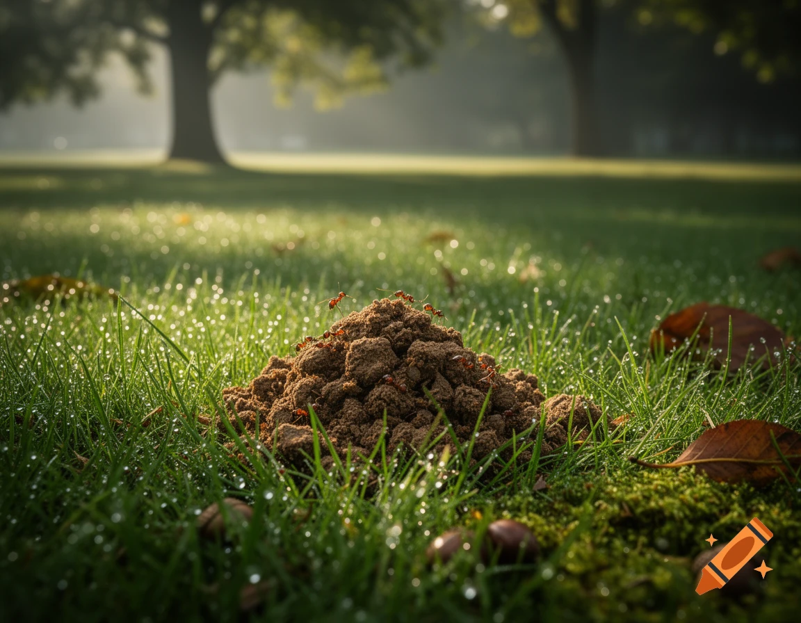 Photorealistic close-up of an anthill with red ants on dewy green grass in a sunny park.