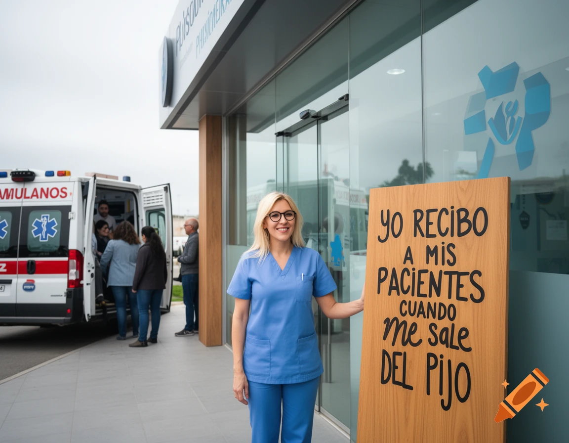 A smiling blonde physiotherapist in blue scrubs stands outside a clinic next to an ambulance, holding a sign with Spanish text.