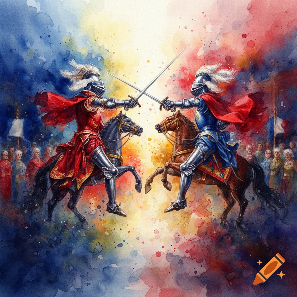 Two knights in armor on horseback fighting with swords in a vibrant watercolor painting.