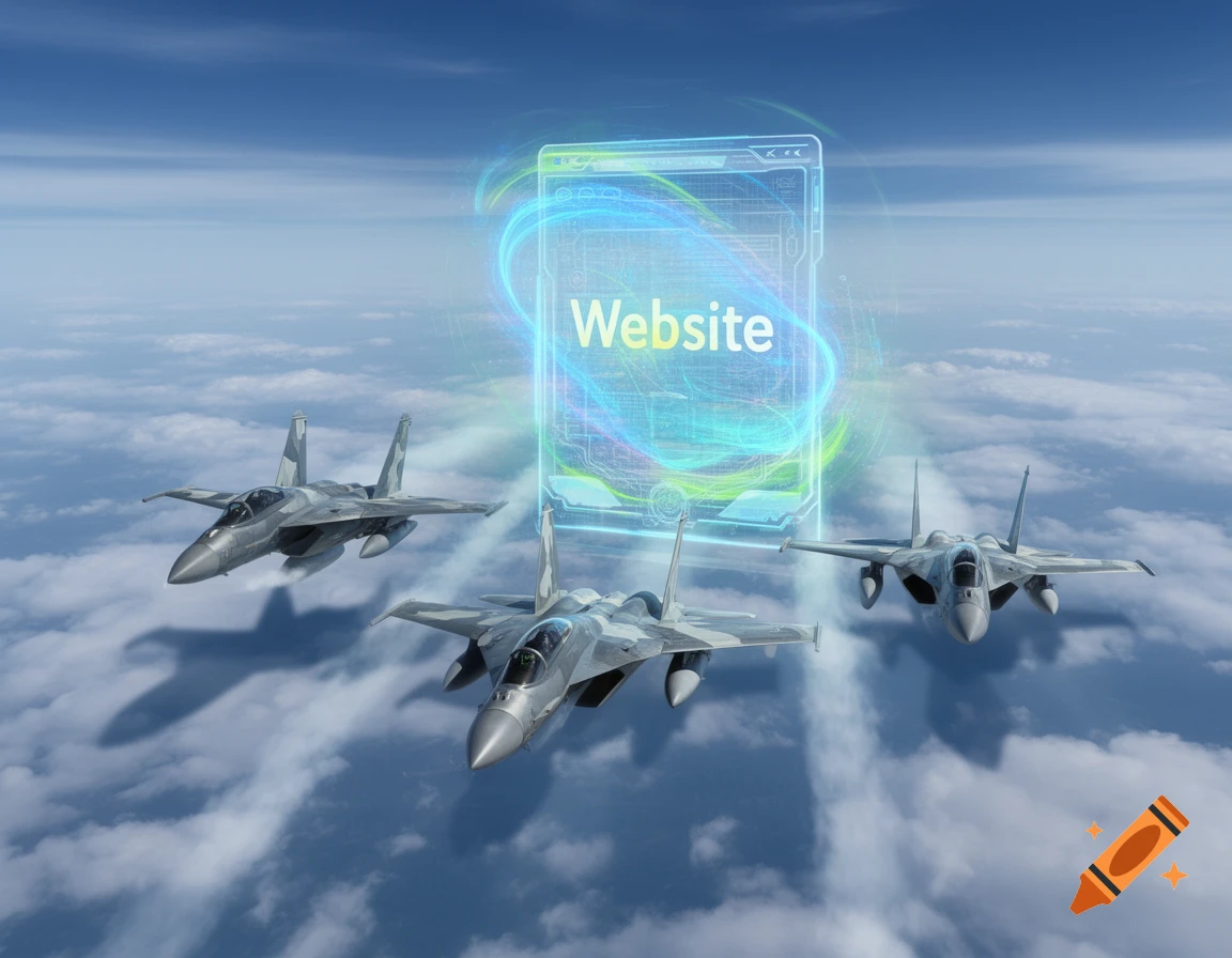 Three military jets fly towards a glowing holographic screen displaying 'Website' above the clouds.