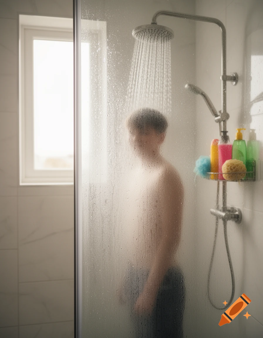 A person showers behind frosted glass in a brightly lit bathroom, with colorful shampoo bottles on a shelf.