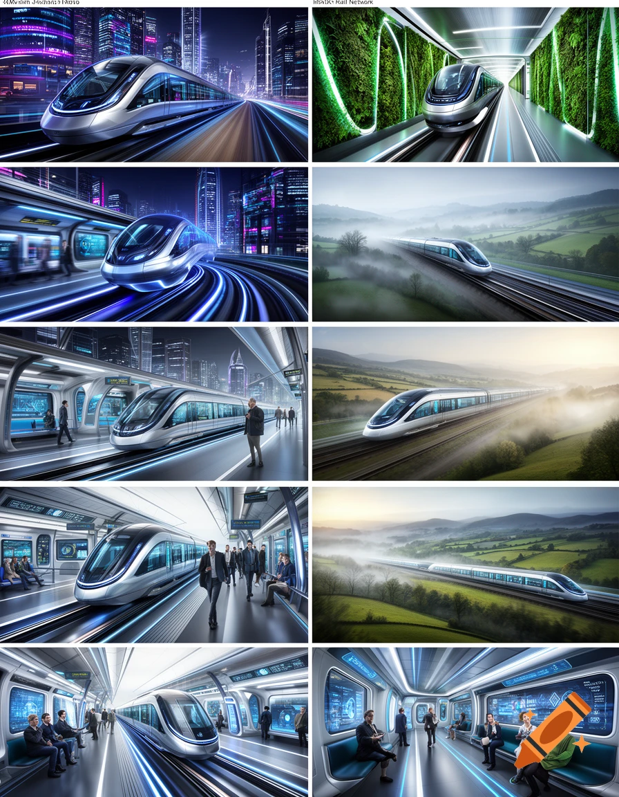 A grid of ten images showing sleek, futuristic autonomous trains in various settings: speeding through a vibrant city at night, in a green tunnel, and moving through misty green landscapes, as well as interior views of passengers waiting and riding.
