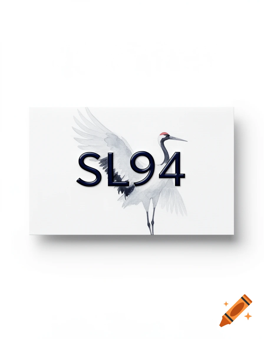 Minimalist business card with a watercolor red-crowned crane and bold black text SL94.