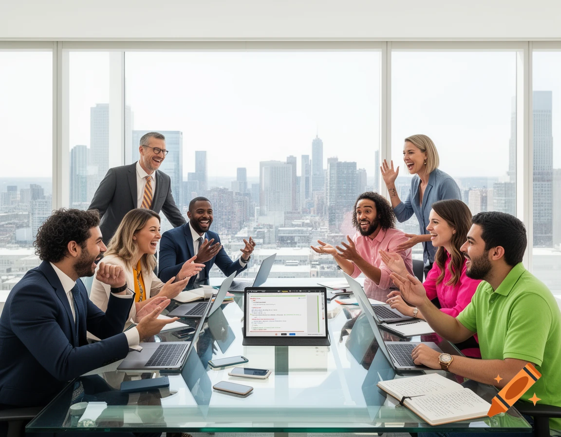 Diverse professionals laugh and discuss around a glass table with laptops in a modern office, city skyline view.