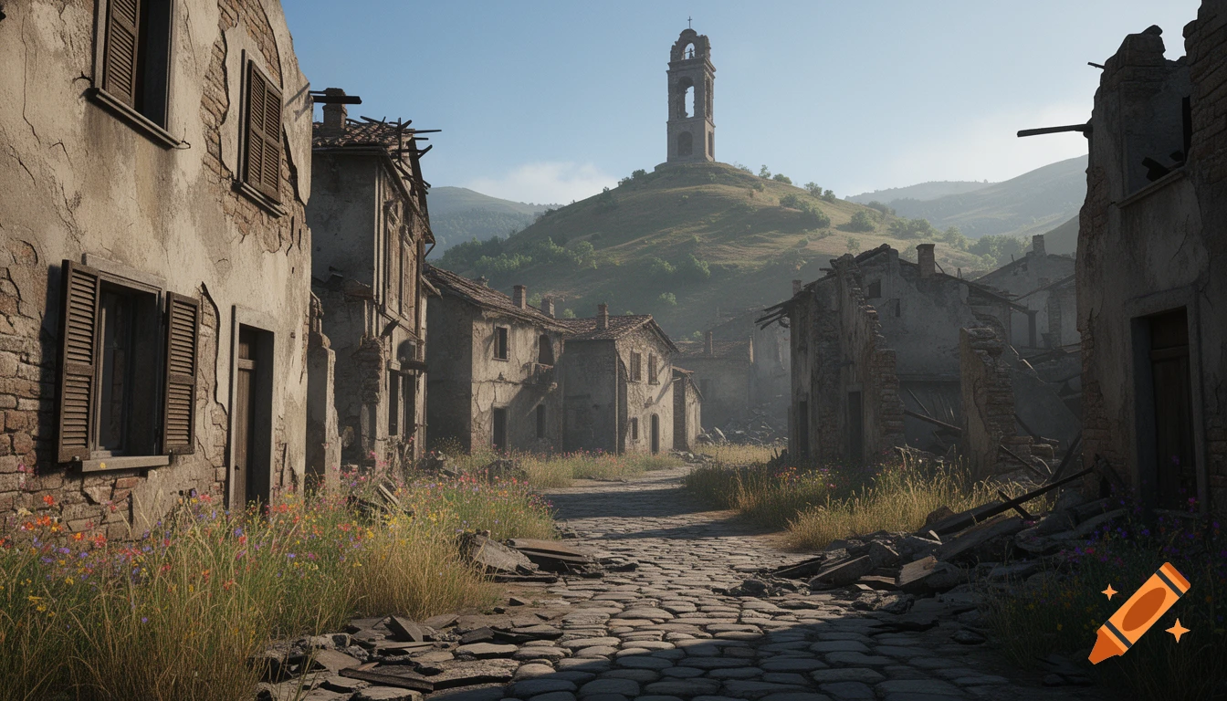 A sunny, photorealistic street scene in a ruined Italian village with overgrown plants, a cobbled path, and a distant bell tower on a hill, in video game style.